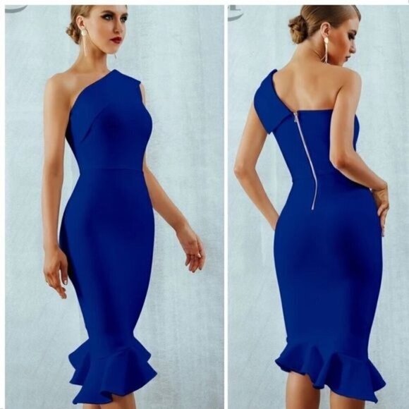 Chloe Bandage Dress One Shoulder Sleeveless Ruffles Party Mermaid white - Picture 3 of 12